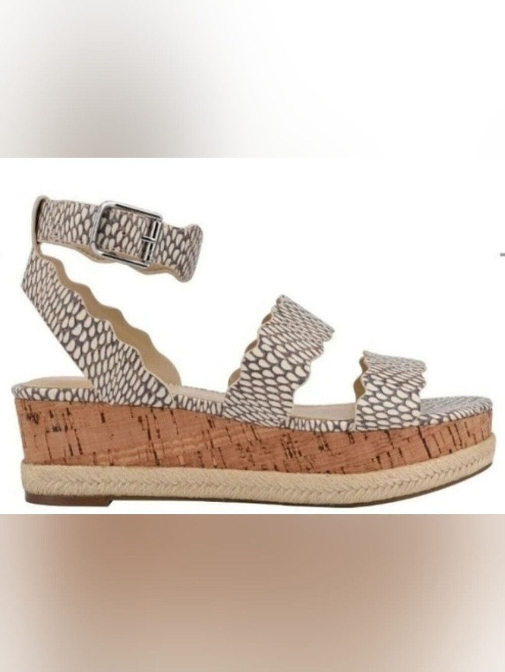 MARC FISHER Fayme Flatform White Scallop-Strap Cork Wedge Sandals